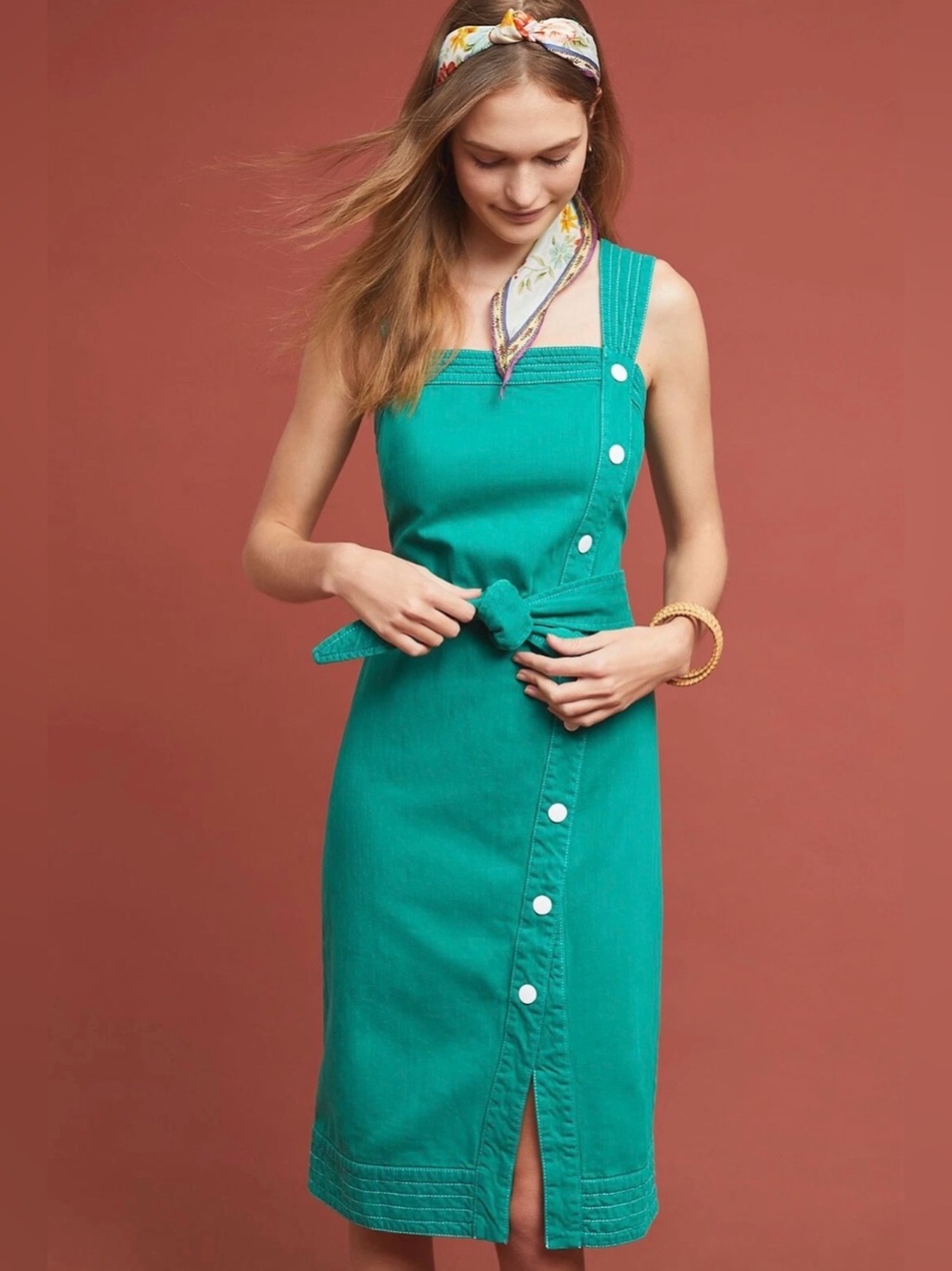 Anthropologie Maeve Elizabeth Green Side Button Denim Green Midi Dress Size 0P